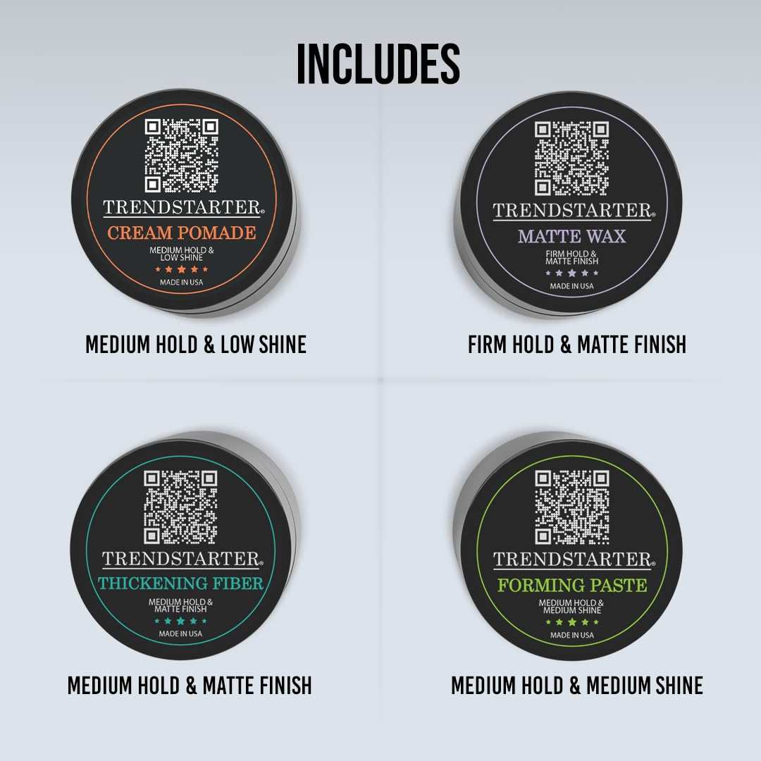Trendstarter - Men'S Matte Premium Pomade Sample Pack - Cream, Wax, Forming Paste, Thickening Fiber (Four 0.25Oz Samples In One