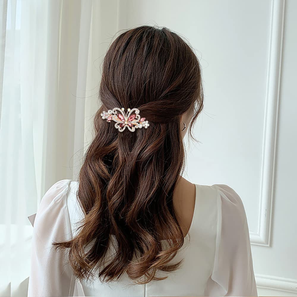 Insowni 4 Pack Luxury Glitter Sparkly Jeweled Gems Crystal Rhinestone Butterfly Metal French Barrettes Alligator Snap Hair Clips