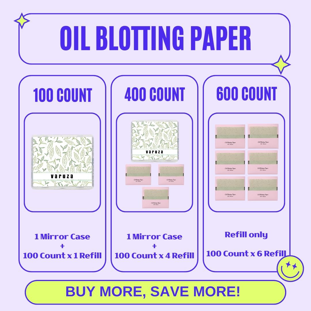 [600 Counts Refills Only] Green Tea Natural Oil Blotting Sheets For Face With Mirror Case And Refills