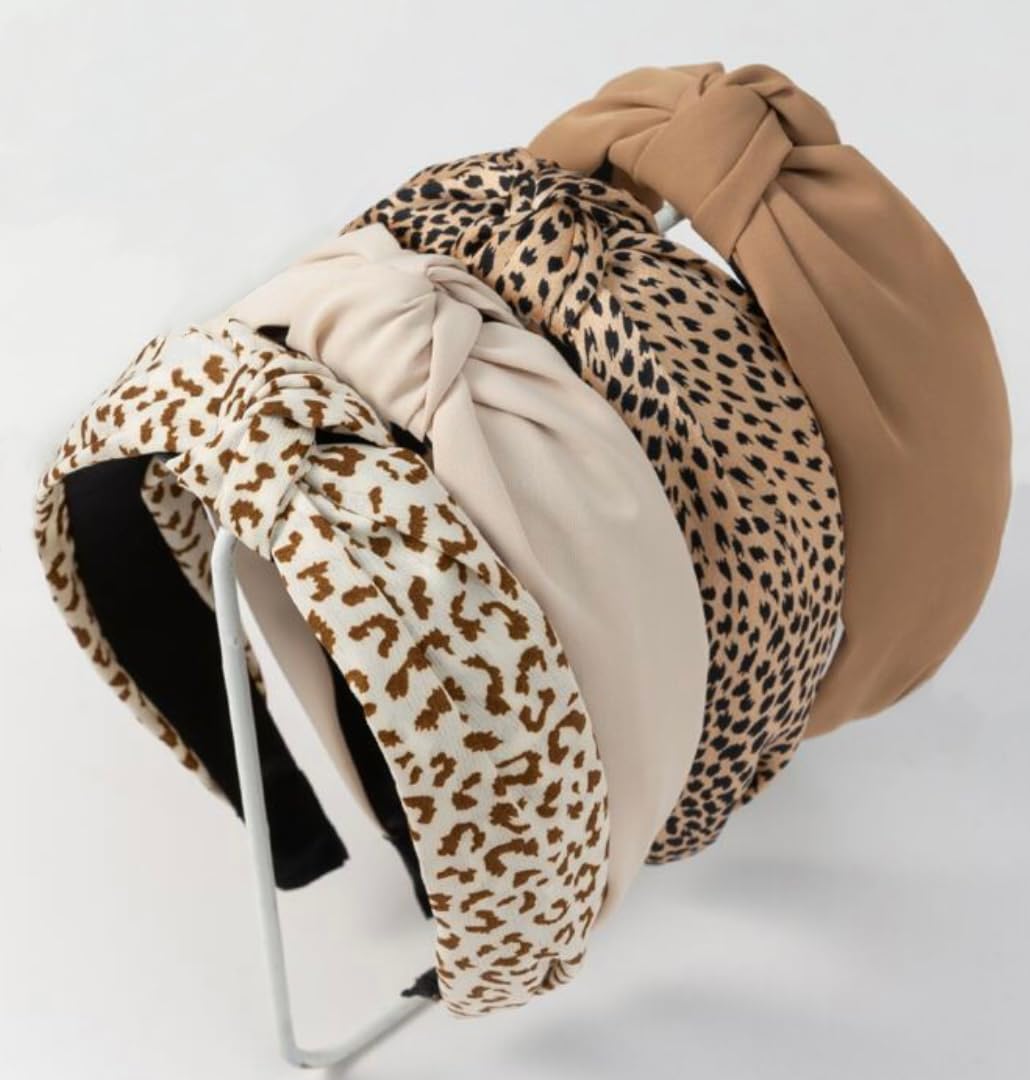 Knotted Fashion Hairbands and Hair Hoops: Non-Slip Top Knot Headbands with Leopard Print for Women and Girls - 4PCS Beige Brown 