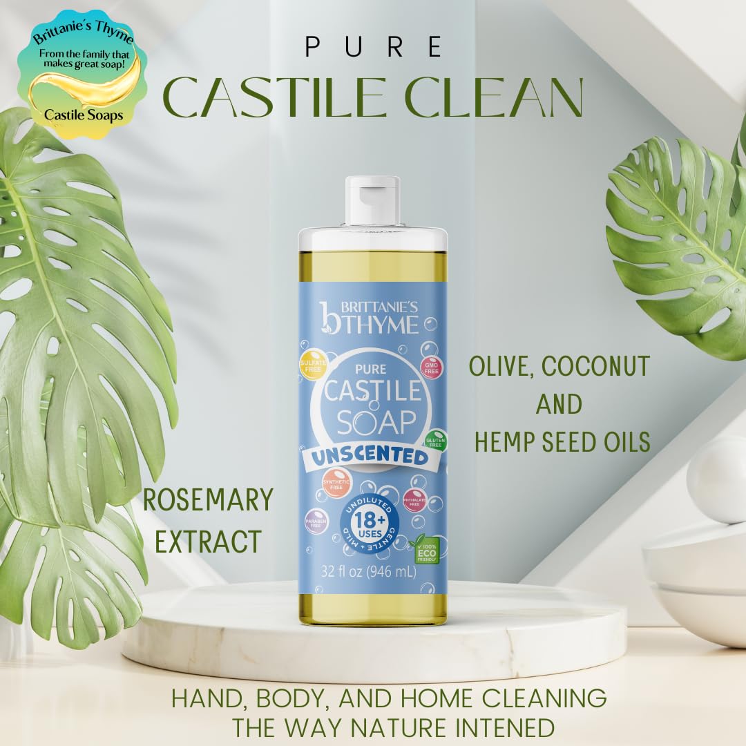 Brittanies Pure Castile Liquid Soap Refill, Unscented | Dish Soap, Hair & Body, Home, Gentle And Pure, Made With Natural Luxurio