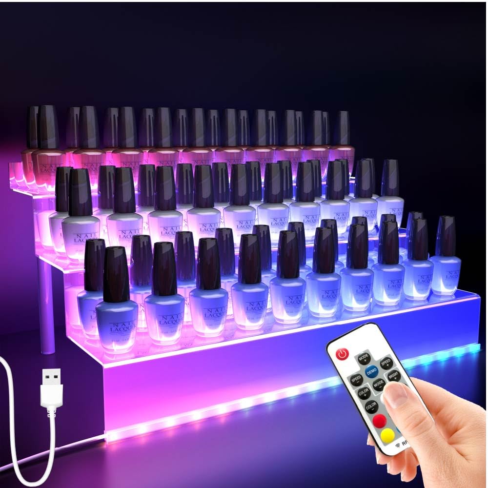 Care&More YJ 12 IN Clear Acrylic Perfume Organizer with LED, Nail Polish Rack Cologne Holder,3 Tier Display Riser Shelf ,Toys, C