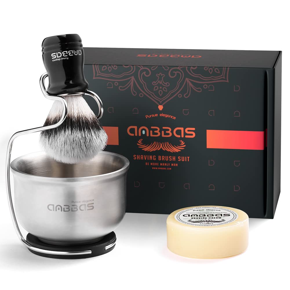 Anbbas Synthetic Badger Shaving Brush Set, 4IN1 Shaving Kit with Stainless Steel Shaving Stand and Lathering Foam Bowl, 3.5OZ Na