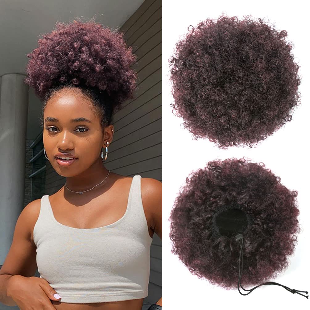 YEAME Afro Puff Drawstring Ponytail for Black Women, Short Kinky Curly Afro Ponytail Synthetic Hair Puffs, Premium Ombre Burgund