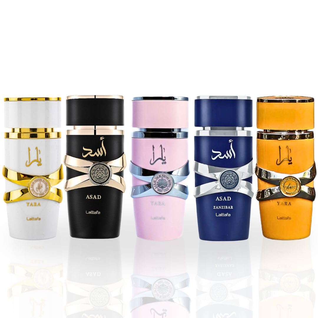 Lattafa Yara Collection 5 Piece Set - Yara, Yara Moi, Yara Tous, Asad, Asad Zanzibar - Eau De Parfum Sprays 100Ml (3.4 Oz)