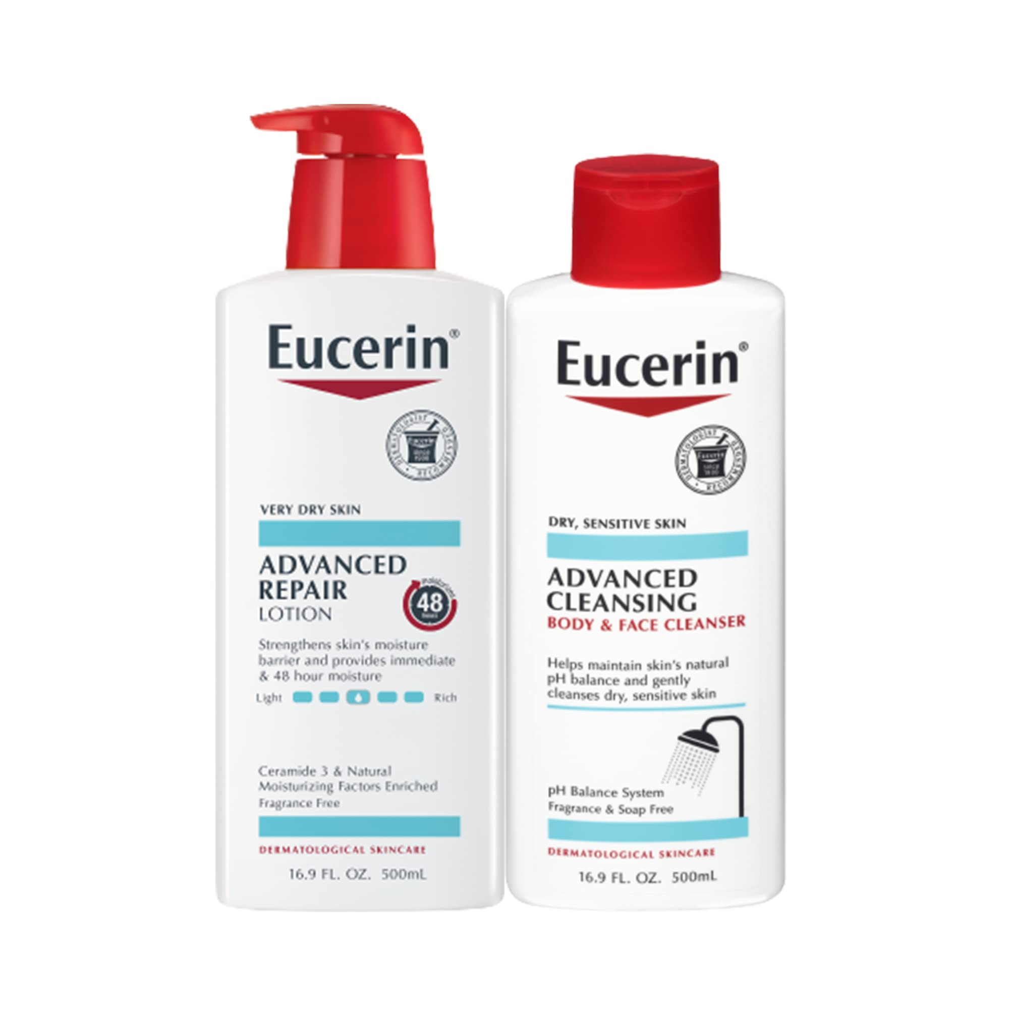 Eucerin Skin Care Set, Advanced Repair Unscented Body Lotion for Dry Skin, 16.9 Fl Oz Bottle + Advanced Cleansing Body and Face 