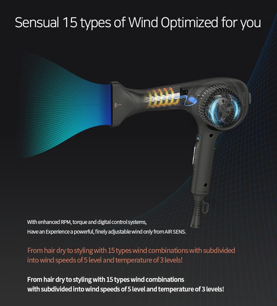 Jmw Air Sens Professional Hair Dryer - 3 Heat X 5 Wind Fast Drying, Low Noise, Curling, Durable, Best Blow Dryer Frizzy Hair, 2
