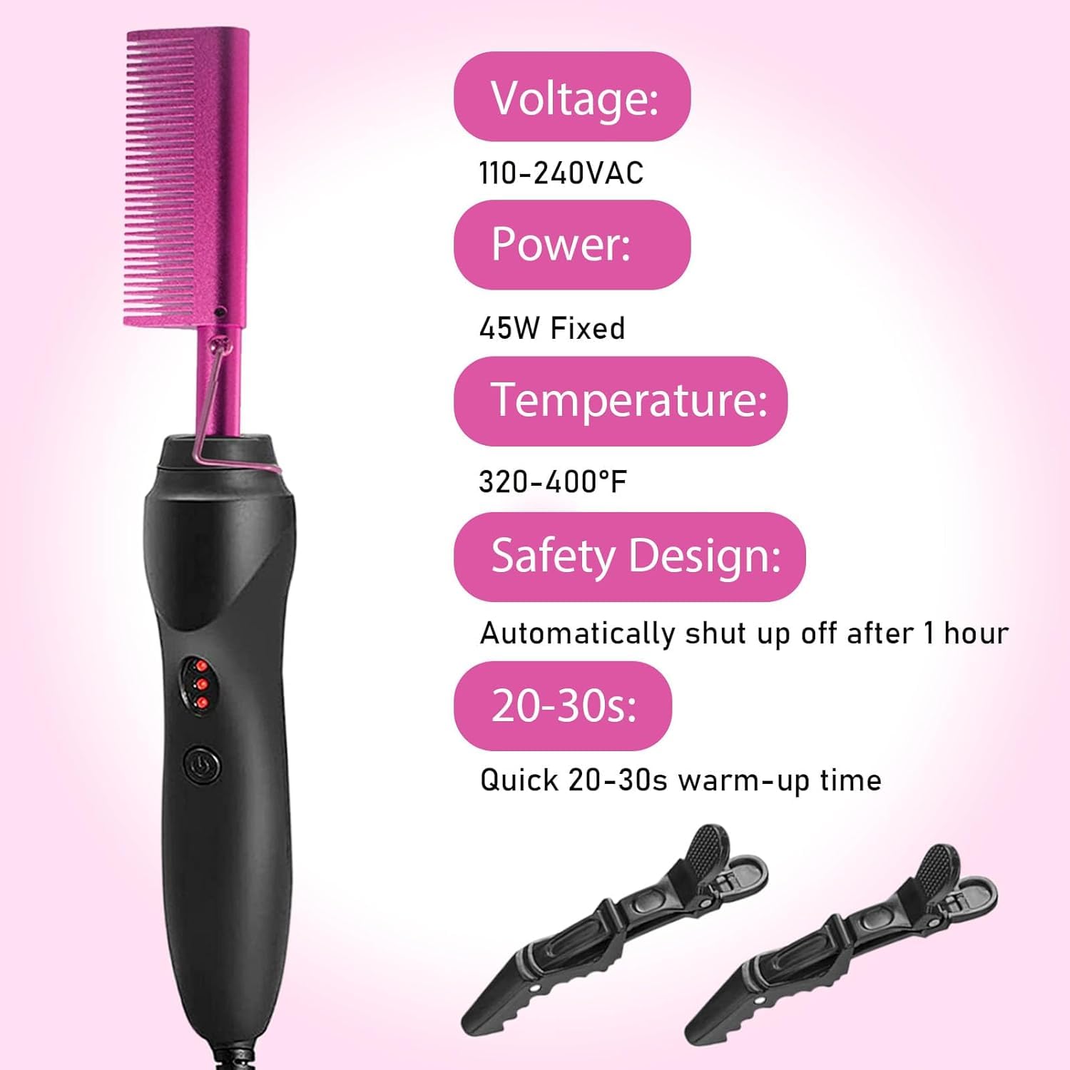 Goiple Pink Electric Hot Comb Hair Straightener for Natural Black Hair Wigs - Wide Tooth & Rat Tail Comb, Wax Stick Included