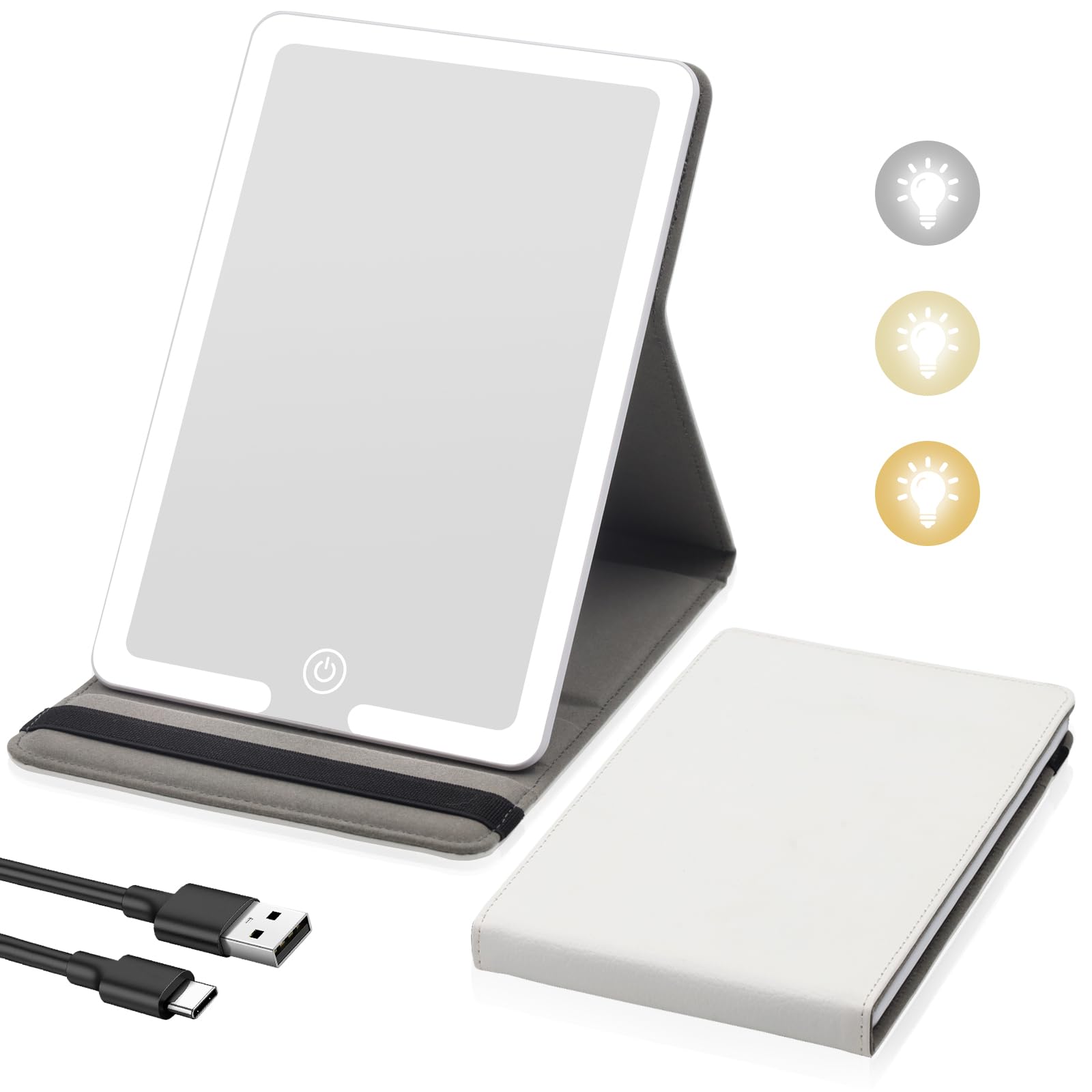 Travel Makeup Mirror with Lights, Lighted Travel Mirror with PU Leather Cover, 1500mAh Battery 3-Color Light Modes Dimming LED L