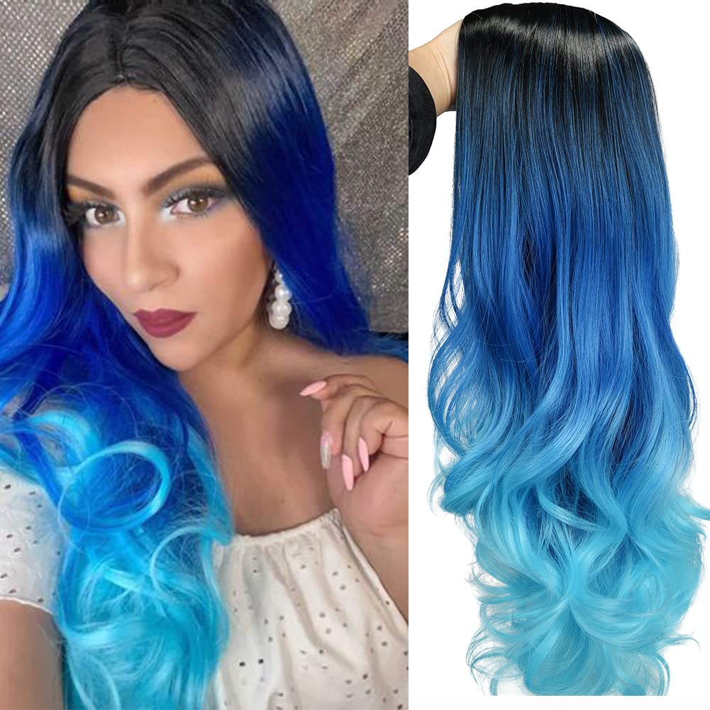Hanne Long Blue Wavy Wigs For Women 26 Inch Middle Part Blue Ombre Wig Body Wave Long Curly Synthetic Wig Heat Resistant Black A