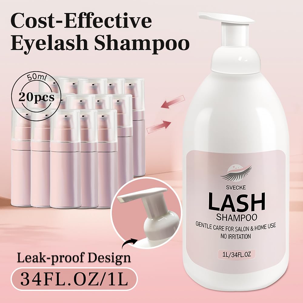 Svecke Lash Shampoo 34 Fl.Oz/1 L, Eyelash Shampoo For Lash Extension, Eyelash Extension Cleanser, Lash Eyelid Foam Cleaning Kit