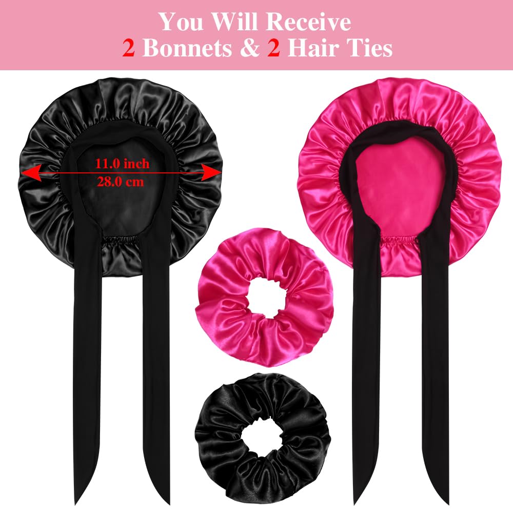 2+2 Satin Bonnets With Scrunchies For Kids, Cute Hair Bonnets For Girls Sleeping Curly Hair, F
