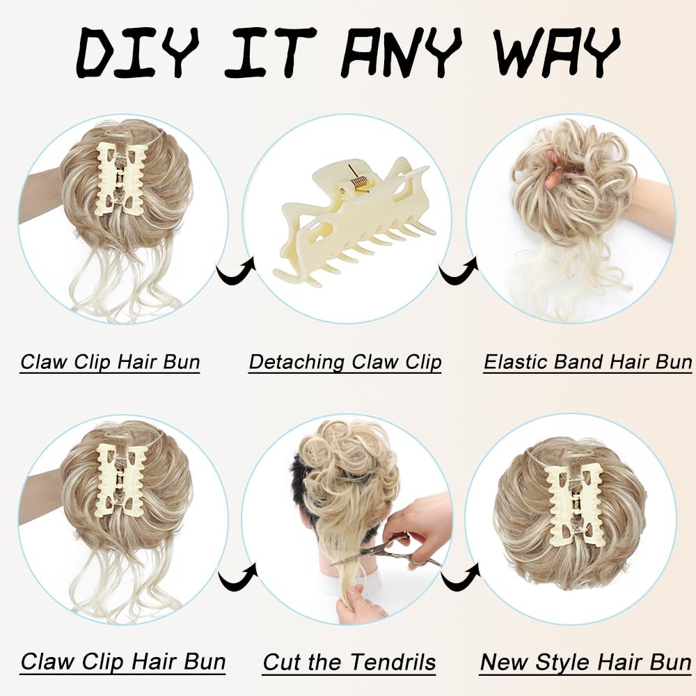 Msmusas Messy Bun Hair Piece Claw Clip Curly Wavy Faux Hair Bun Tousled Updo Hair Extensions Scrunchie Long Beard Chignon Buns H