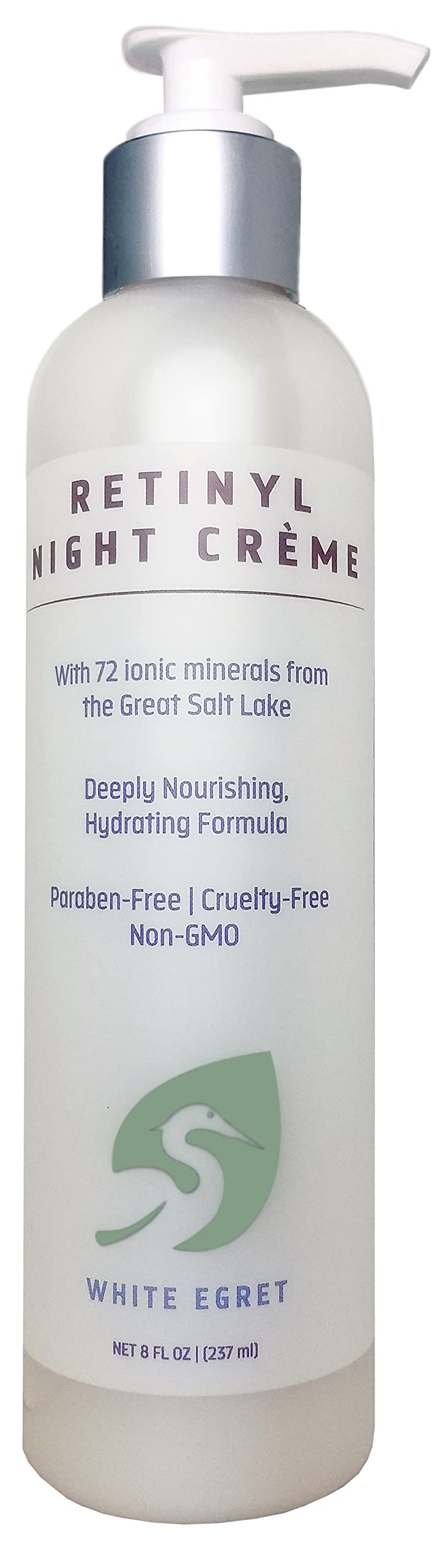 White Egret Retinyl Night Creme with 72 Ionic Sea Minerals for Nourishing, Hydrating, and Replenishing Skin, 8 fl. oz