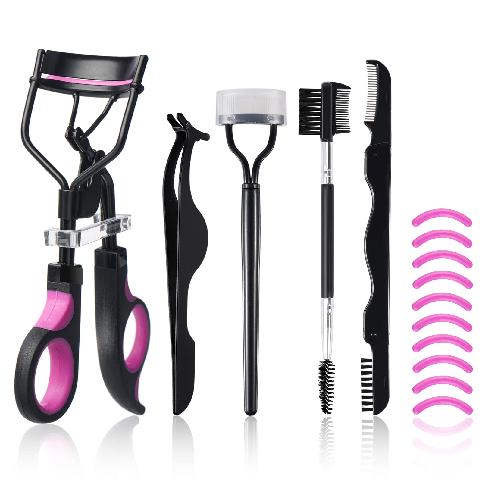 Eyelash Curlers Kit for Women w Lash Curler, Eyelash Comb Seperator, 3 in1 Mascara Brushes, Eyelash Extension Tweezers, Foldable