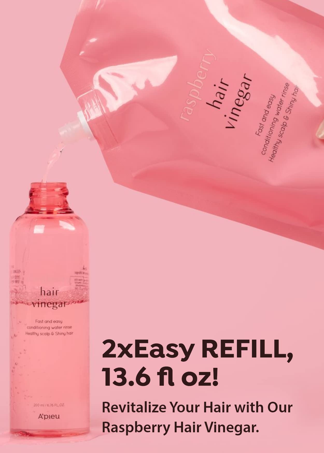 A'Pieu Raspberry Hair Vinegar Rinse Refill 13.6 Fl Oz - Scalp Treatment For Balanced Ph, Shiny Hair | Korean Hair Care I Clarifi