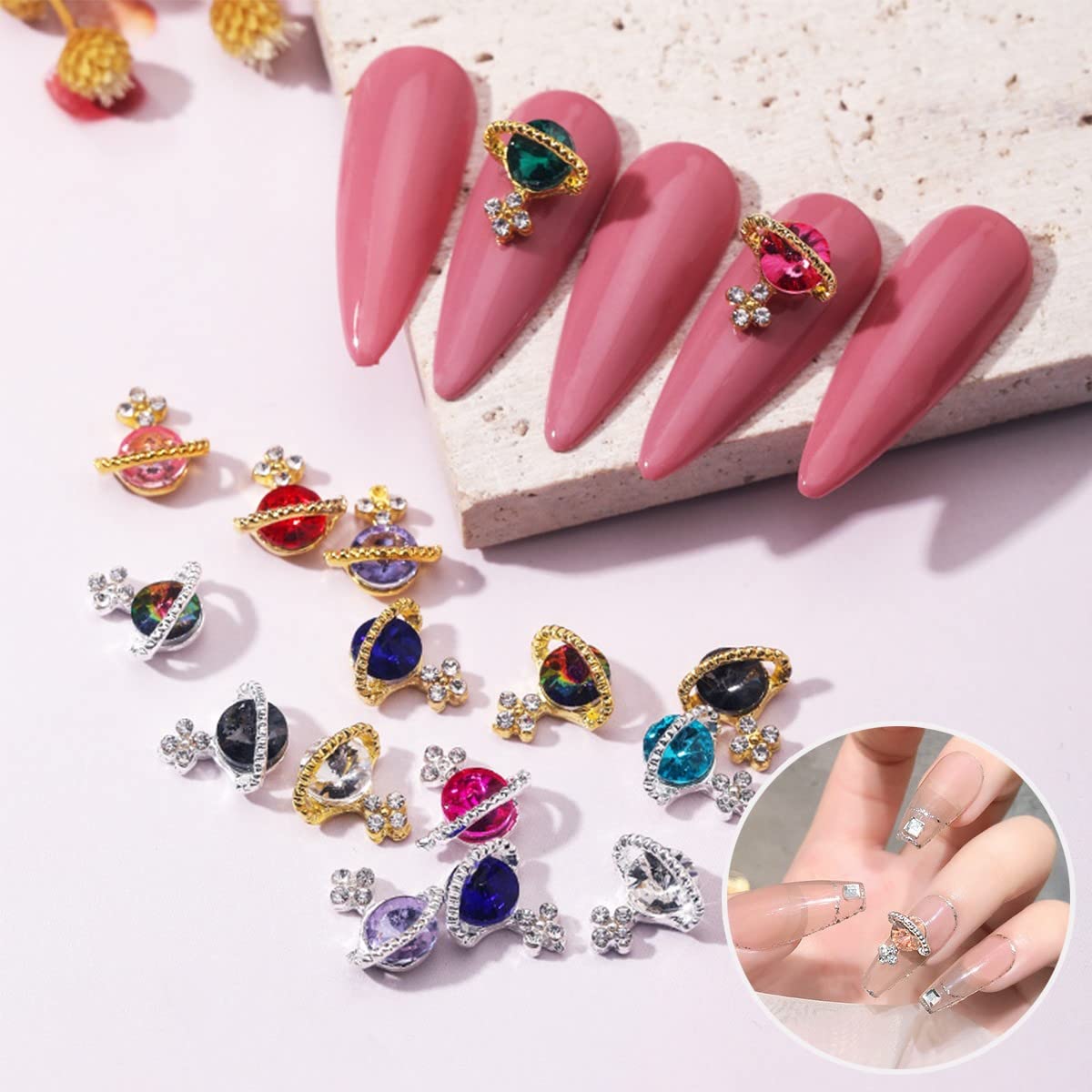 Planet Nail Charms, 54 Pcs 3D Nail Rhinestones Shiny Silver Saturn Shape, Nail Art Nail Gems Diamond Crystals Luxury Jewelry Nai