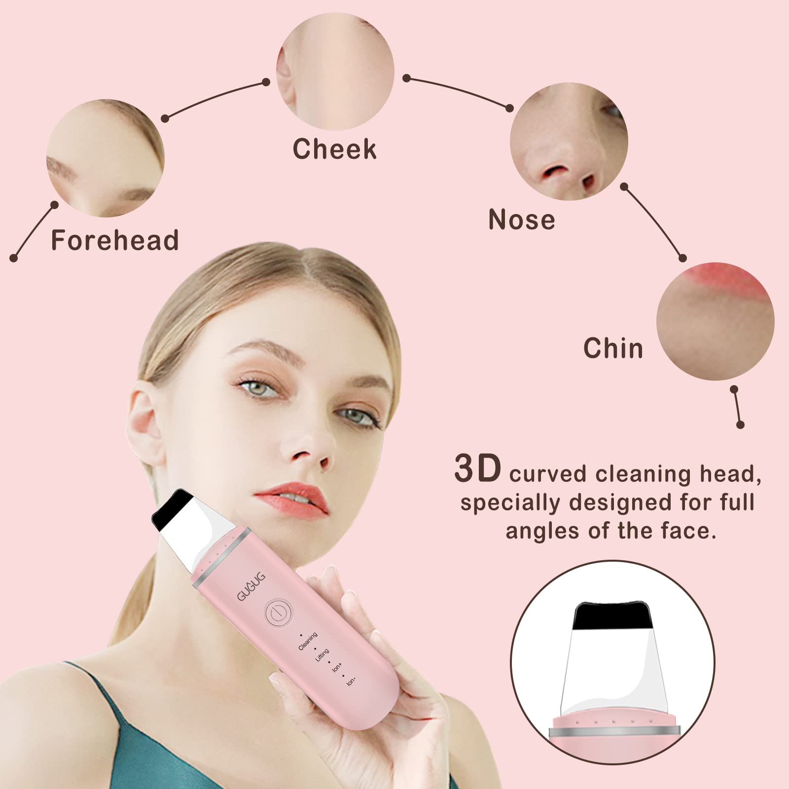 Gugug Skin Scrubber Face Spatula Skin Spatula Pore Cleaner Blackhead Remover Tools For Facial Deep Cleansing-4 Modes, Pink