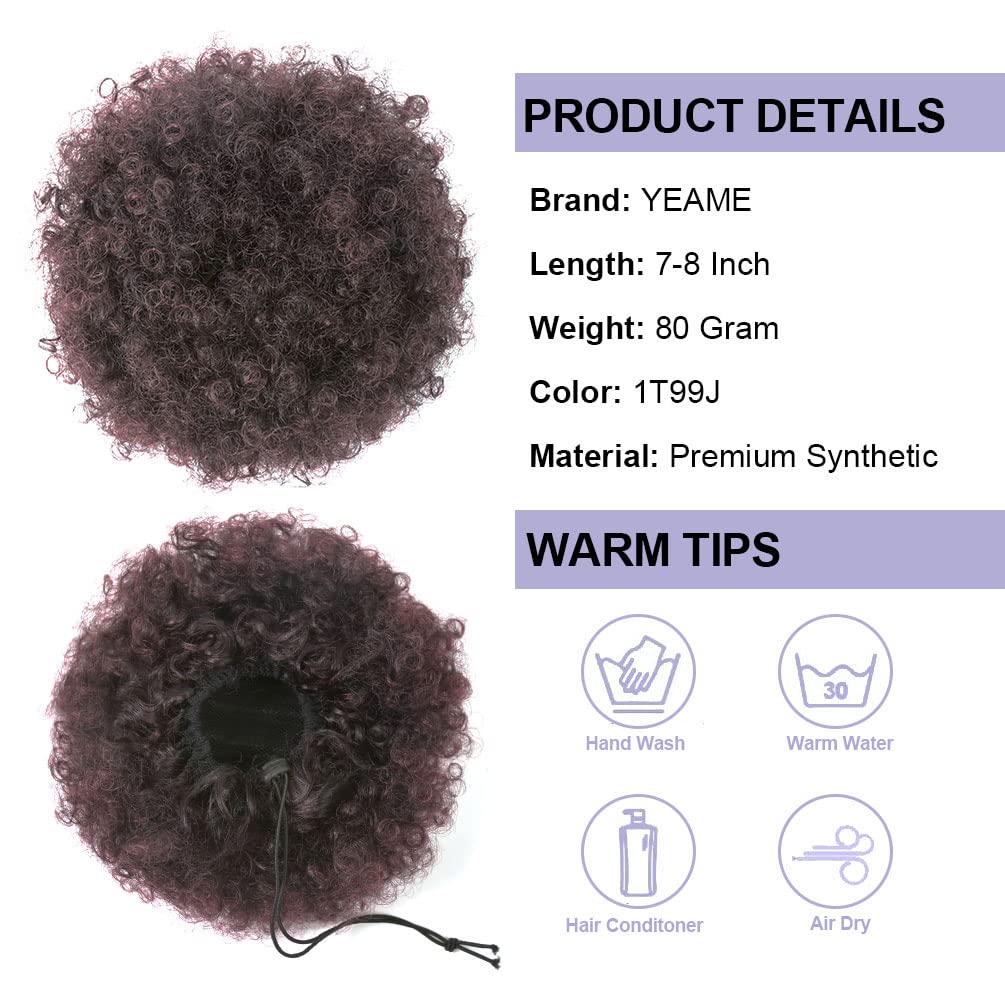 YEAME Afro Puff Drawstring Ponytail for Black Women, Ombre Burgundy Kinky Curly Synthetic Hair, 1 Count