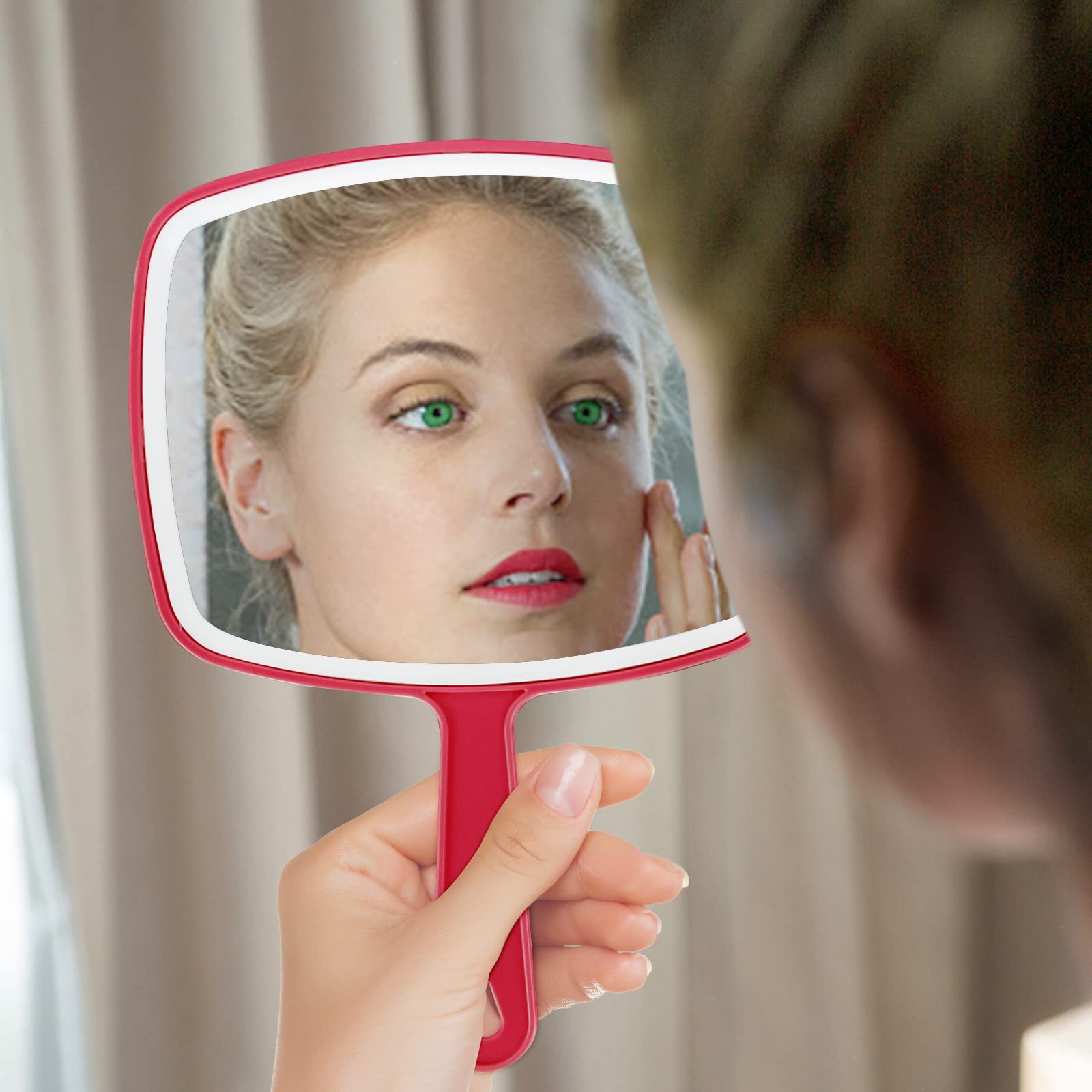 Dvhok 2Pcs Handheld Mirror, Portable Hand Mirror With Hanging Hole In Handle, Red 7.4'' W X 10.4'' L