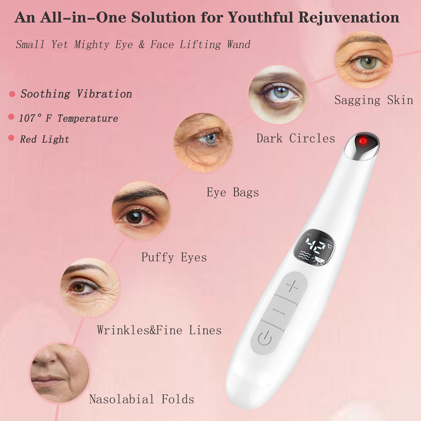 Vowleike Eye Lift Wand, 3 In 1 Vibrating Red Light 98F To 113F Lcd Display Eye Massager For Dry Eyes, Dark Circles And Puffiness