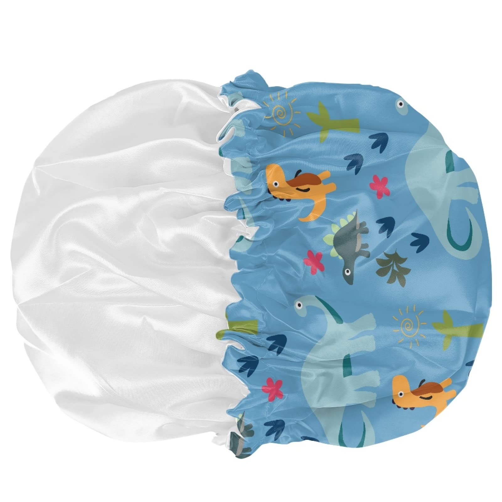Babrukda Dinosaur Blue Print Kids Satin Sleep Cap, Elastic Adjustable Band Hat Night Sleeping Head Cover For Hair Stylish Satin