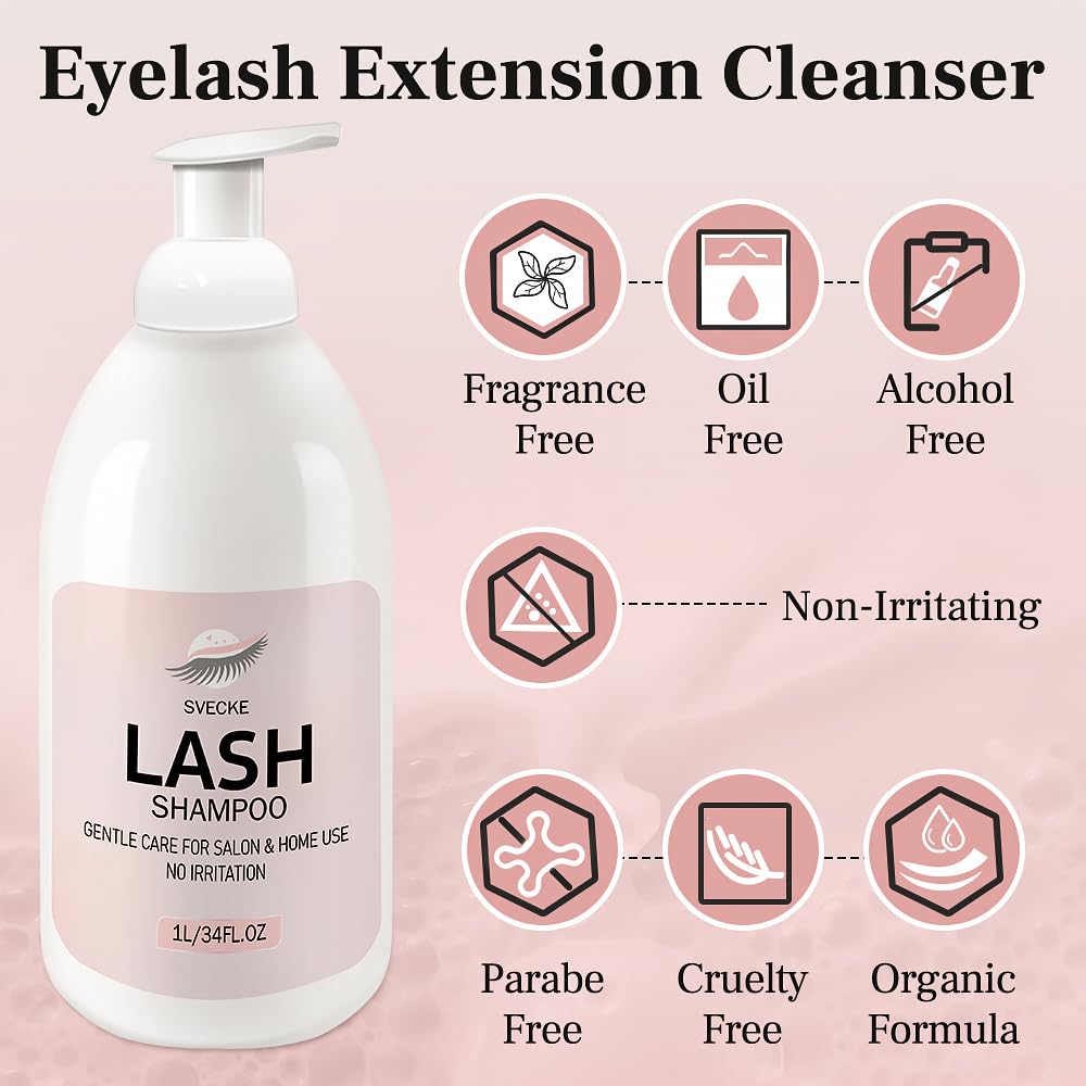 Svecke Lash Shampoo 34 Fl.Oz/1 L, Eyelash Shampoo For Lash Extension, Eyelash Extension Cleanser, Lash Eyelid Foam Cleaning Kit
