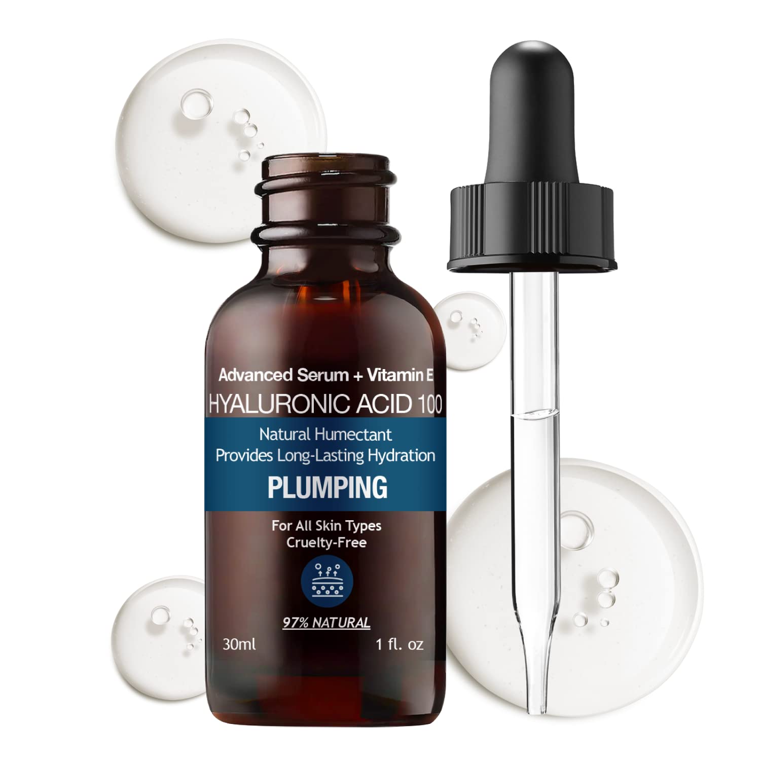 MADE IN USA NATUAL100 HYALURONIC ACID Facial Serum for Plumping Anti Aging Hydrating Glowing Skin with Vitamin E Pairs Well with