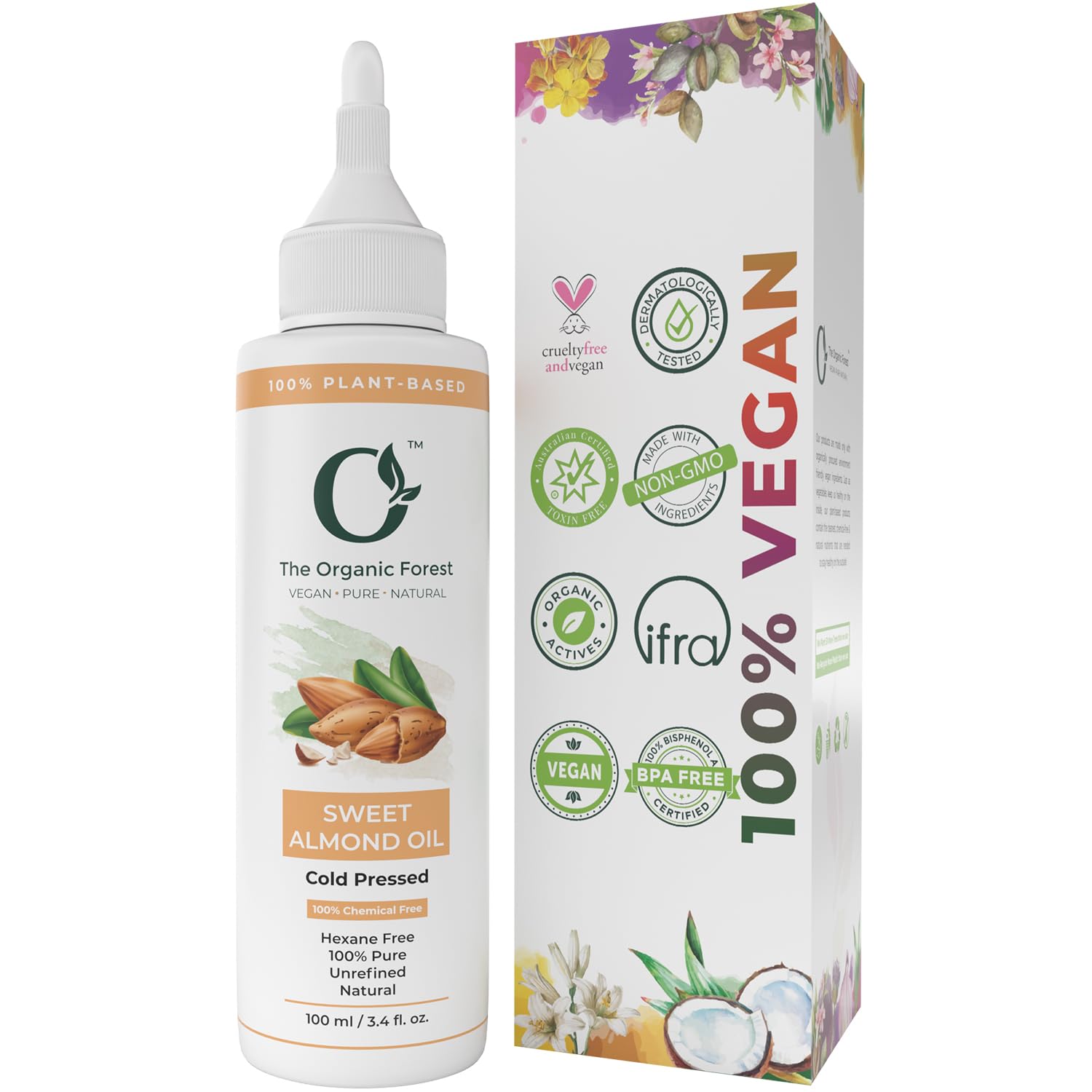 The Organic Forest Almond Oil for Hair, Face, Dry Skin, Cold Pressed 100% Pure Carrier Oil for Essential Body Oils for Women and