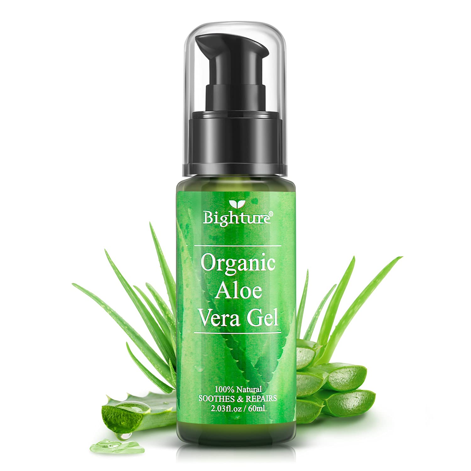 BIGHTURE Organic Aloe Vera Gel, Aloe Vera Gel Extracted from Freshly Cut Pure Aloe Leaves, Skin Care for Deeply & Rapidly Soothi
