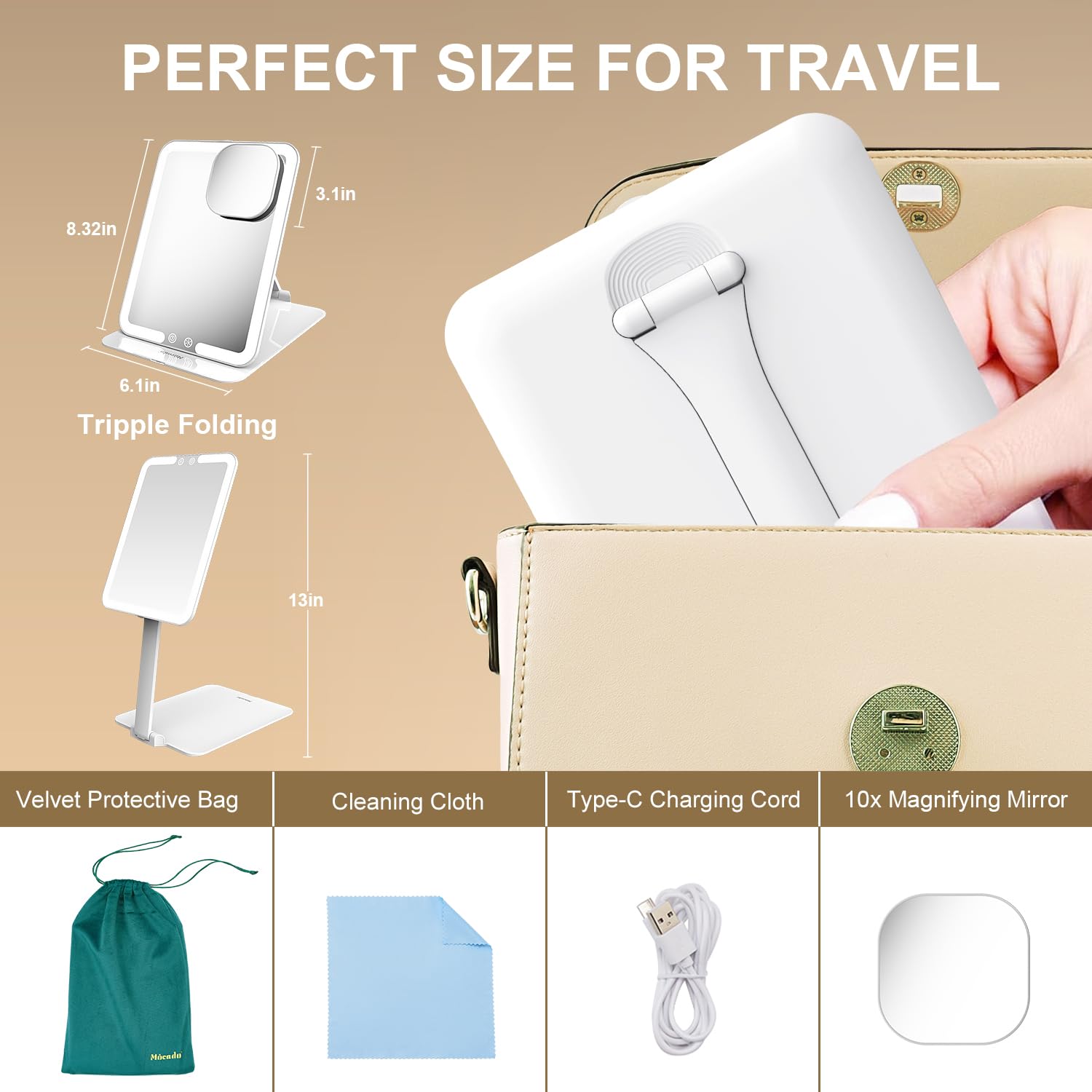 Mocado Travel Makeup Mirror With Light, Tripple Folding Vanity Mirror With Lights, 3 Colors Lighted Makeup Mirror, 1500Mah Recha