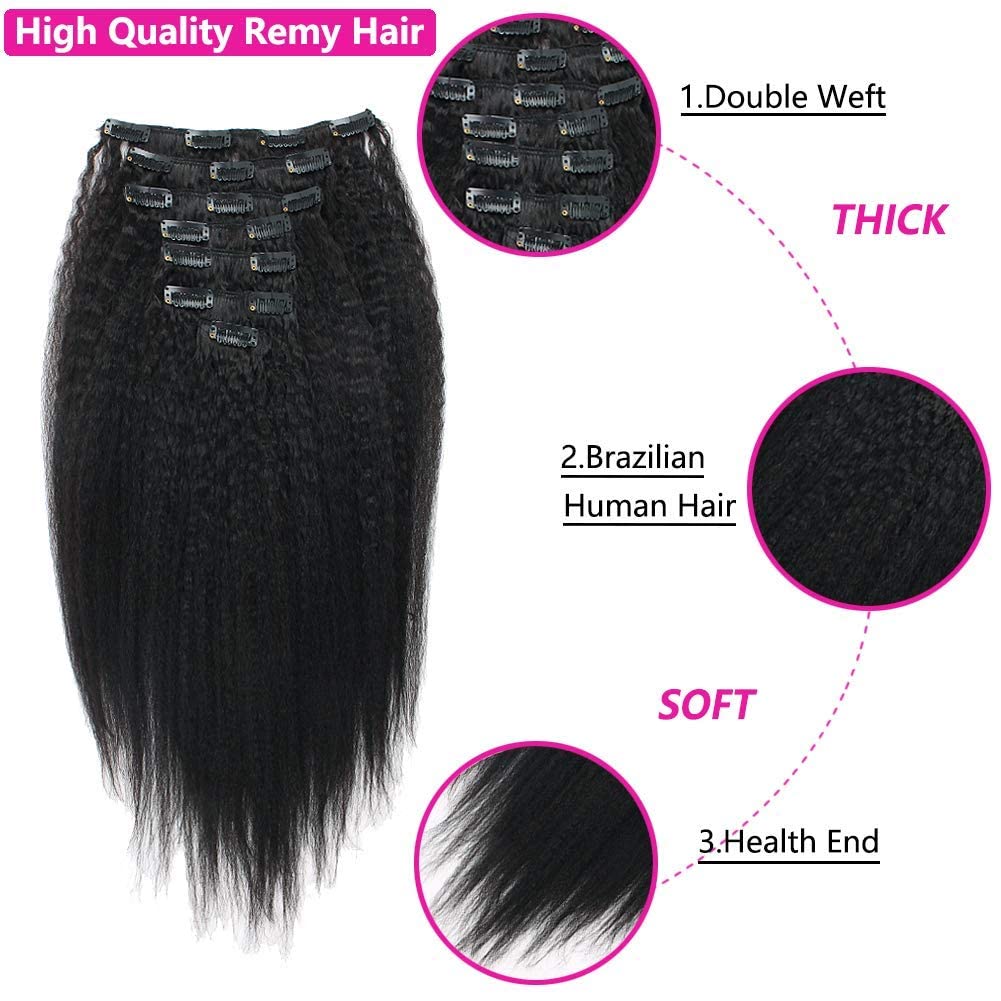 Lovrio 9A Grade Kinky Straight Brazilian Virgin Hair Clip In Extension For Black Women, Double Lace Wefts, Natural Black Color 7