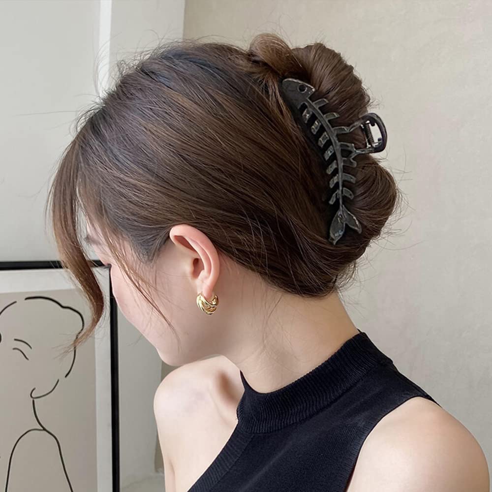 Aiupuoc Black Hair Clip Fish Bone Shape Metal Hair Claw For Women - Fashion Geometric Hairpins, Hair Grip For French Style Haird