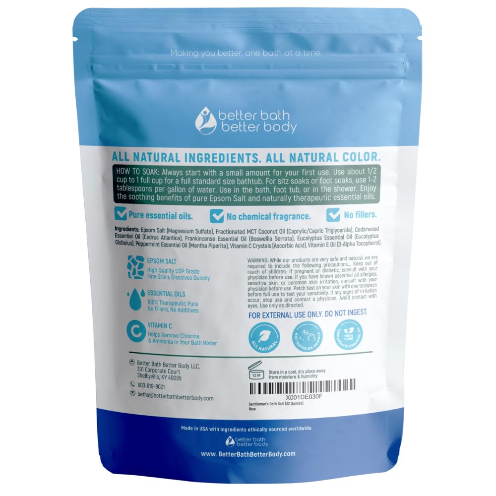Gentlemans Bath Salt 32 Ounces Epsom Salt With Natural Cedarwood, Frankincense, Eucalyptus And Peppermint Essential Oils Plus Vi
