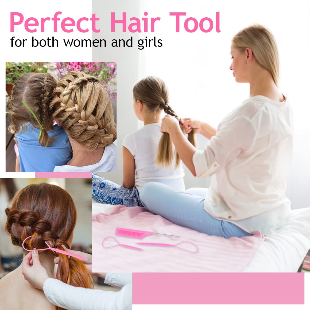 Topsy Tsmaddts Hair Styling Set - 6 Pack With French Braid Tools, Rat Tail Combs For Hair Styling (Yellow & Green)