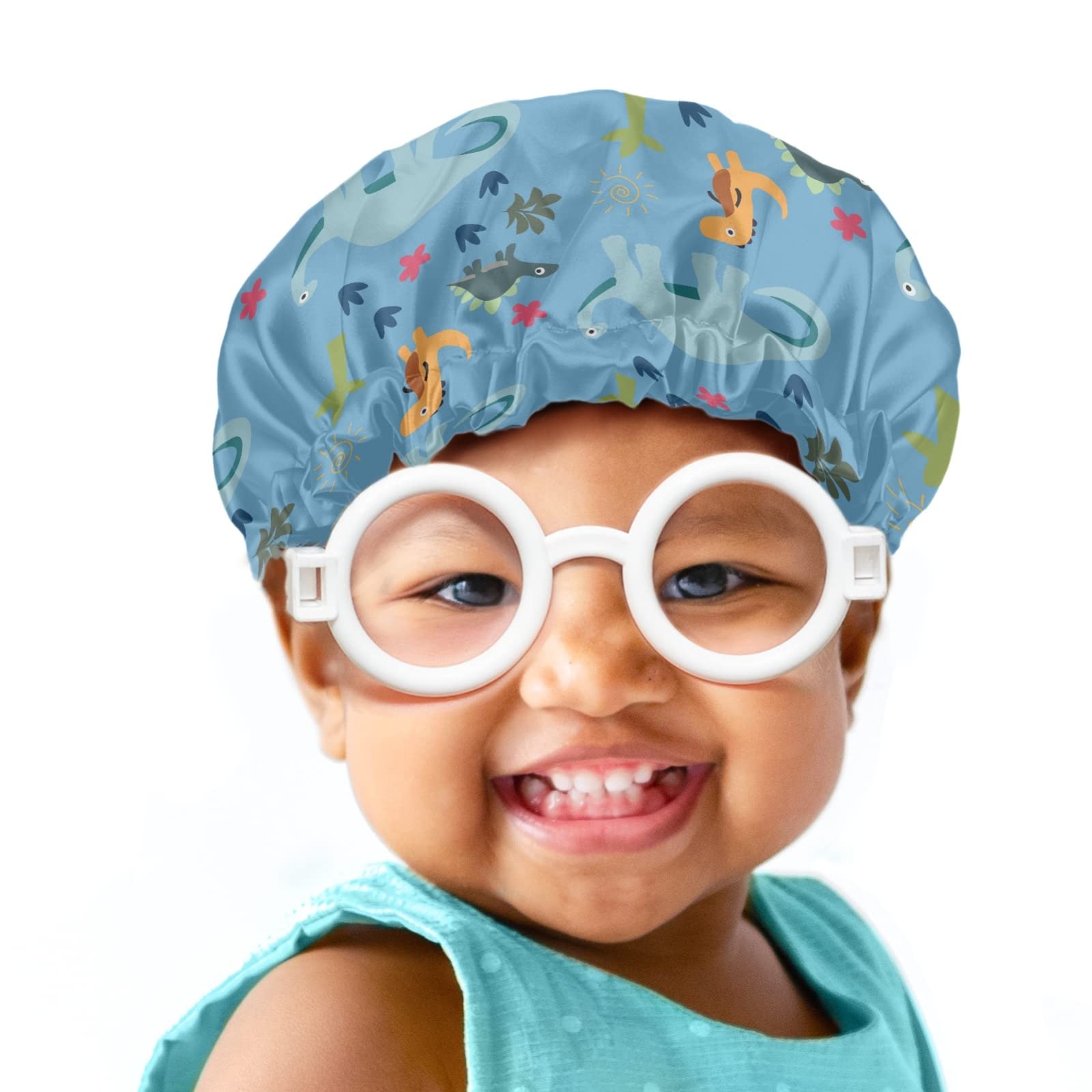 Babrukda Dinosaur Blue Print Kids Satin Sleep Cap, Elastic Adjustable Band Hat Night Sleeping Head Cover For Hair Stylish Satin
