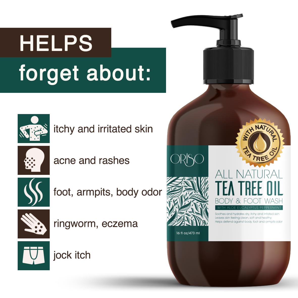 Tea Tree Oil Body Wash - Helps Athletes Foot, Ringworm, Jock Itchy, Acne, Eczema, Yeast Infection, Body Odor, Itchy Skin - With
