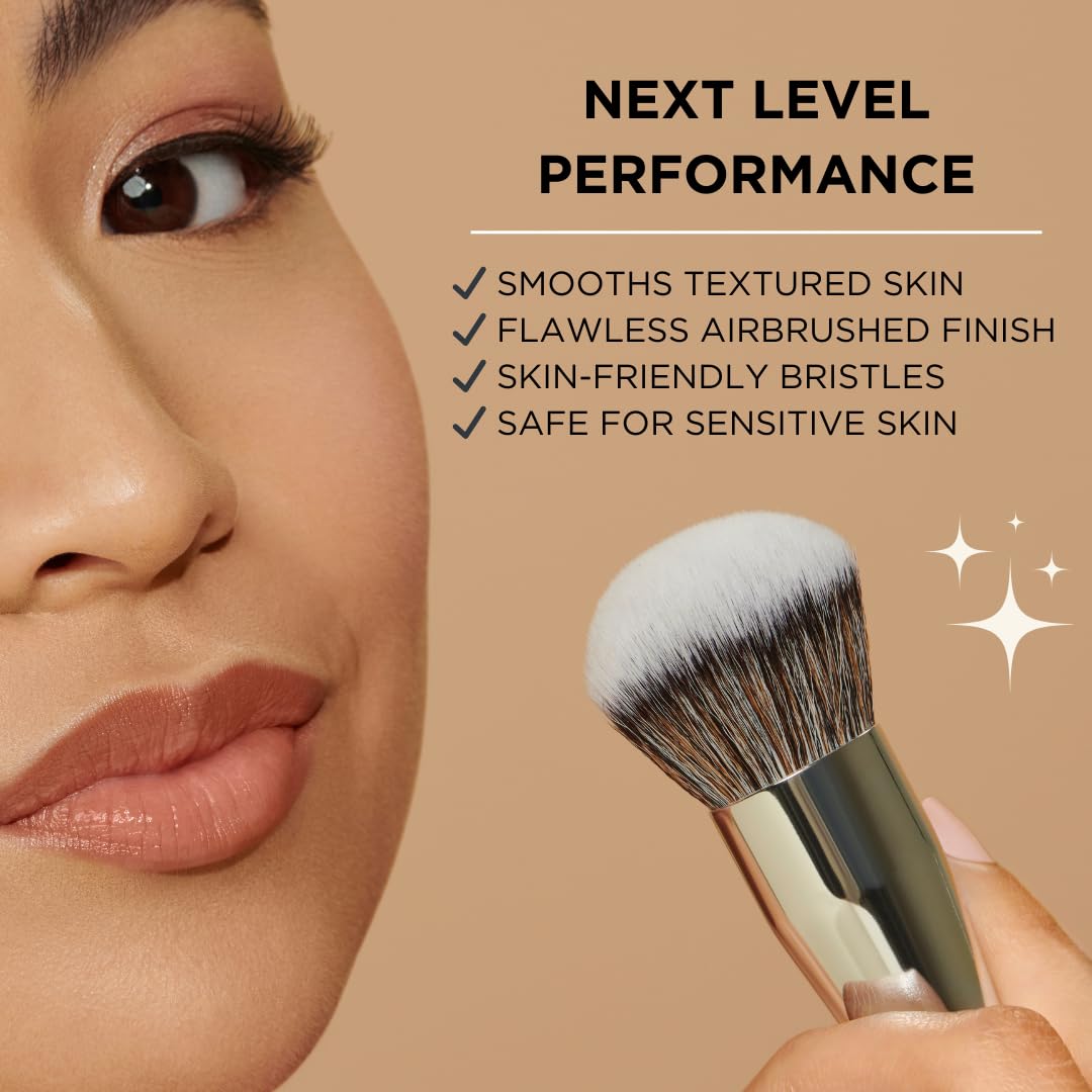 Haleys Kabuki Makeup Brush Vegan+Cruelty-Free, Sustainable Wood, Vegan Bristles For Airbrushed Finish, For Creams, Liquids, Powd