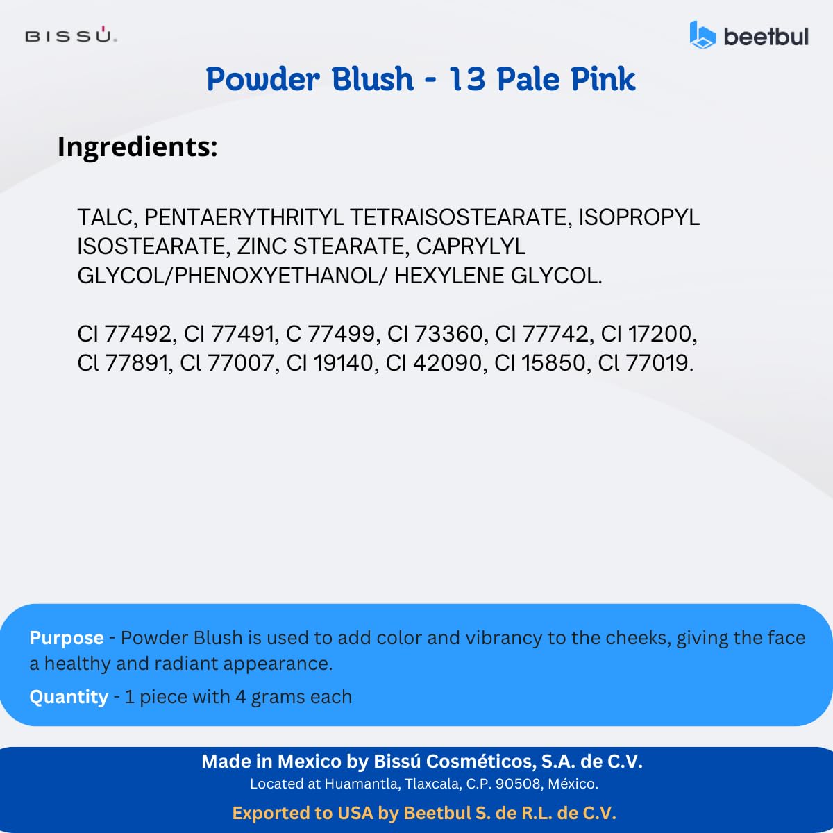 Biss   Blush 4G C/U, Intense Pigmentation, Soft Texture, Matte And Satin Finishes (13 Pale Pink)