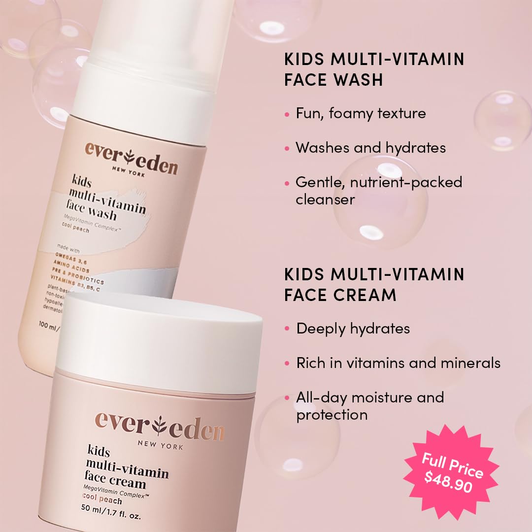 Evereden Kids Happy Face Duo (Cool Peach) - Multi-Vitamin Kids Face Wash & Cream Set - Clean, Vegan Skin Care For 3+ - Moisturiz