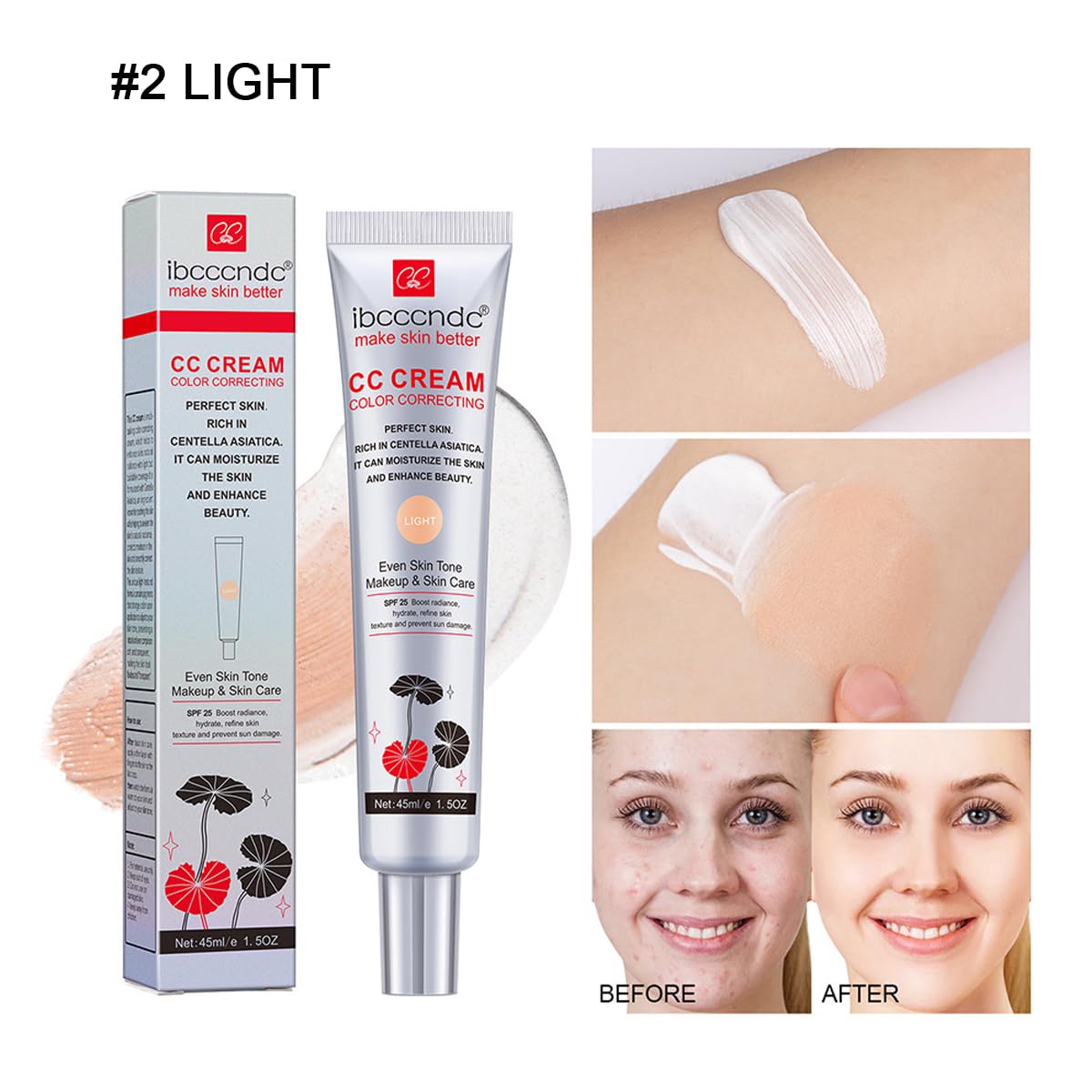 Color Correcting Cc Cream With Spf 25,Full-Coverage Foundation,Hydrating Serum,Refine Skin Texture, Avoid Sun Damage (Light, 45