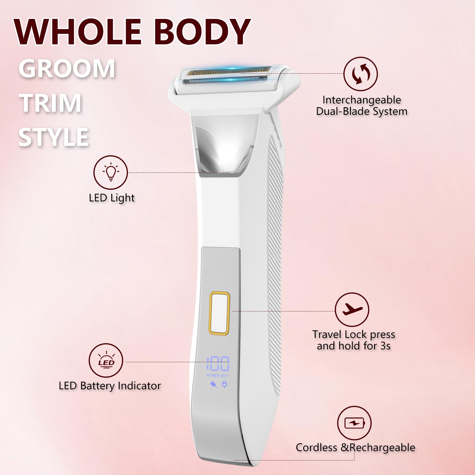 Electric Bikini Trimmer For Women, 2-In-1 Body Hair Trimmer And Pubic Hair Trimmer Women, Dual Head Shaver For Smooth, No-Nick S