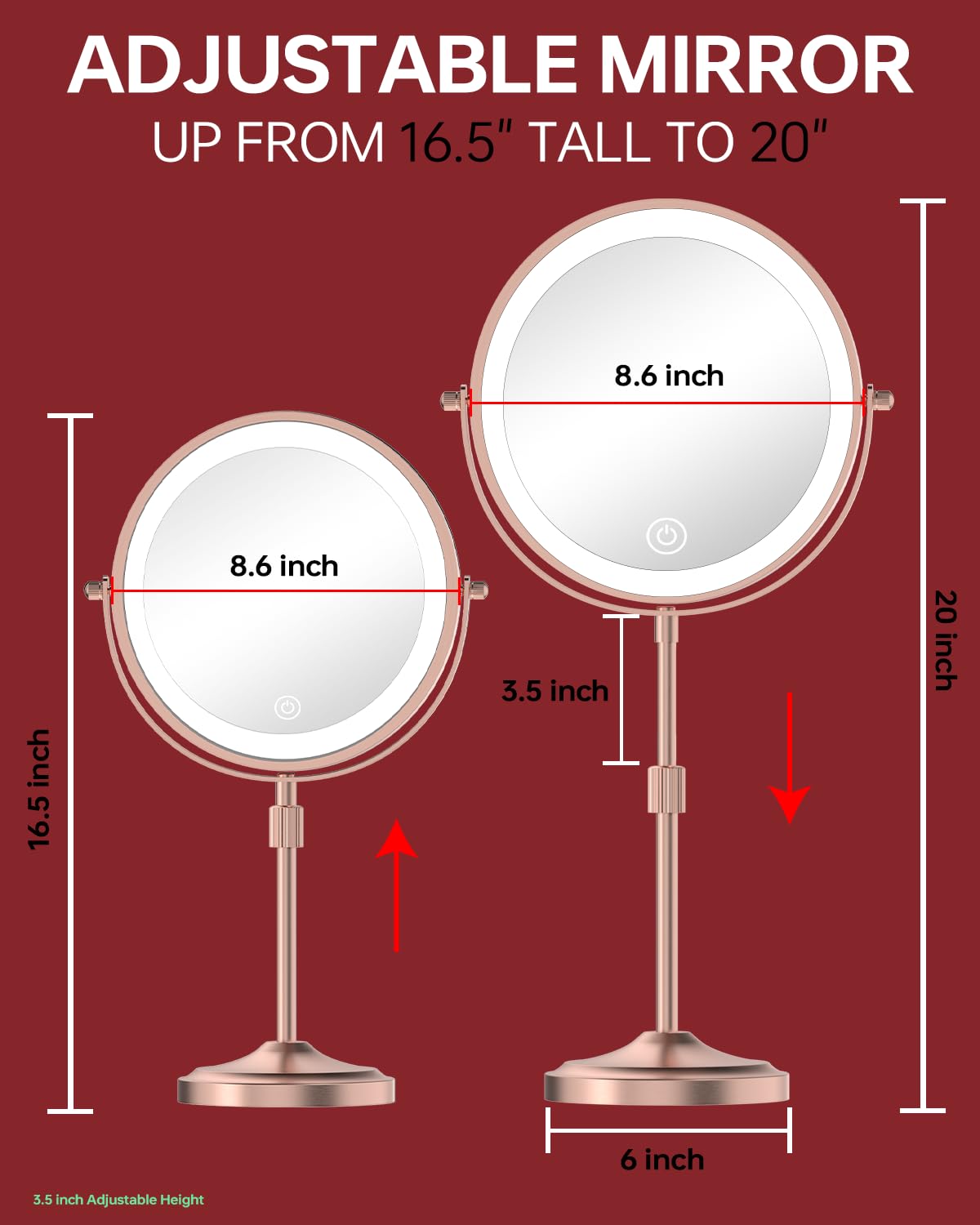 Erlingeryi 16.5-20 Inch Adjustable Height Tabletop Makeup Mirror With Lights, 5000Mah Rechargeable Battery, 8.6 Inch 1X/10X Doub