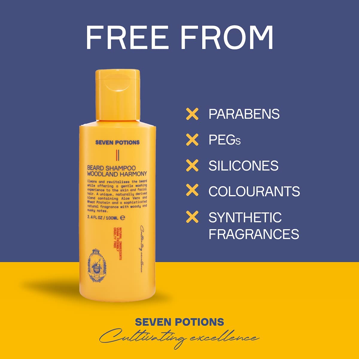 Seven Potions Beard Shampoo For Men - Gentle, Cleansing Wash For A Clean, Itch-Free Beard - Natural, Vegan, Cruelty-Free - (Wood