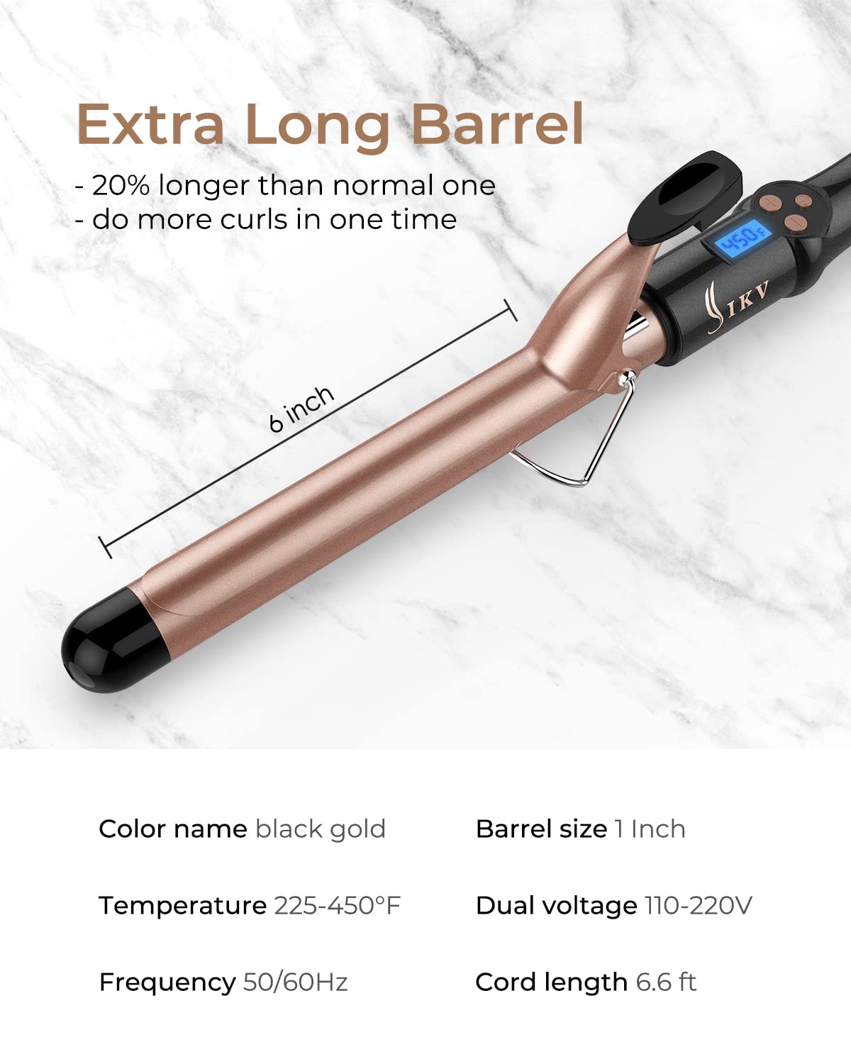 1 Inch Extra Long Barrel Curling Iron, Ceramic Tourmaline Curling Wand Professional Dual Voltage
