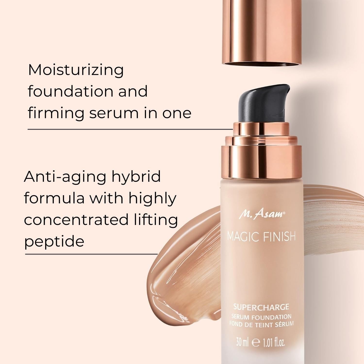 M. Asam Magic Finish Supercharge Serum Foundation Warm Sand (1.01 Fl Oz) - Moisturizing Make Up & Firming Face Serum In One, Ant