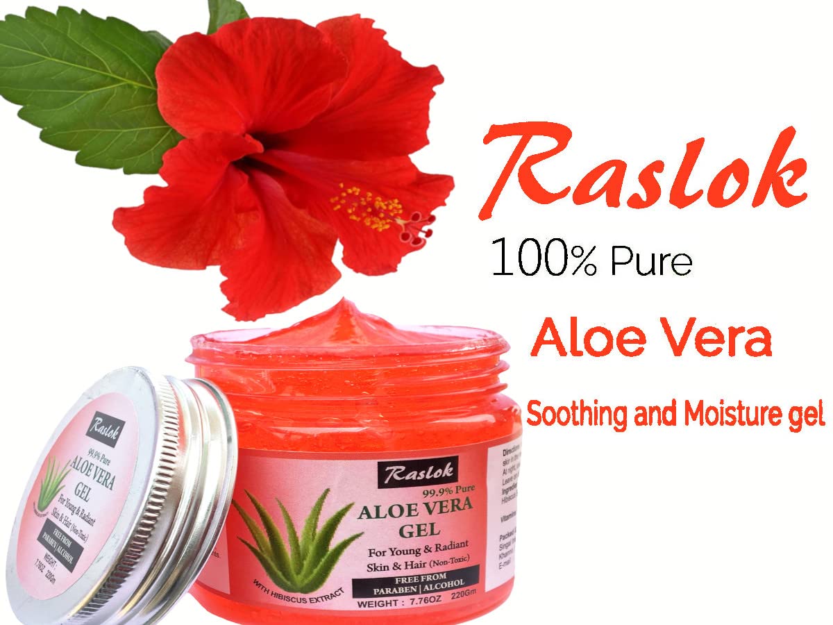 Raslok Aloe Vera Gel Pure Natural Organic Aloe Gel For Moisturizing Face Skin & Hair Care (Hibiscus, 7.76 Oz)