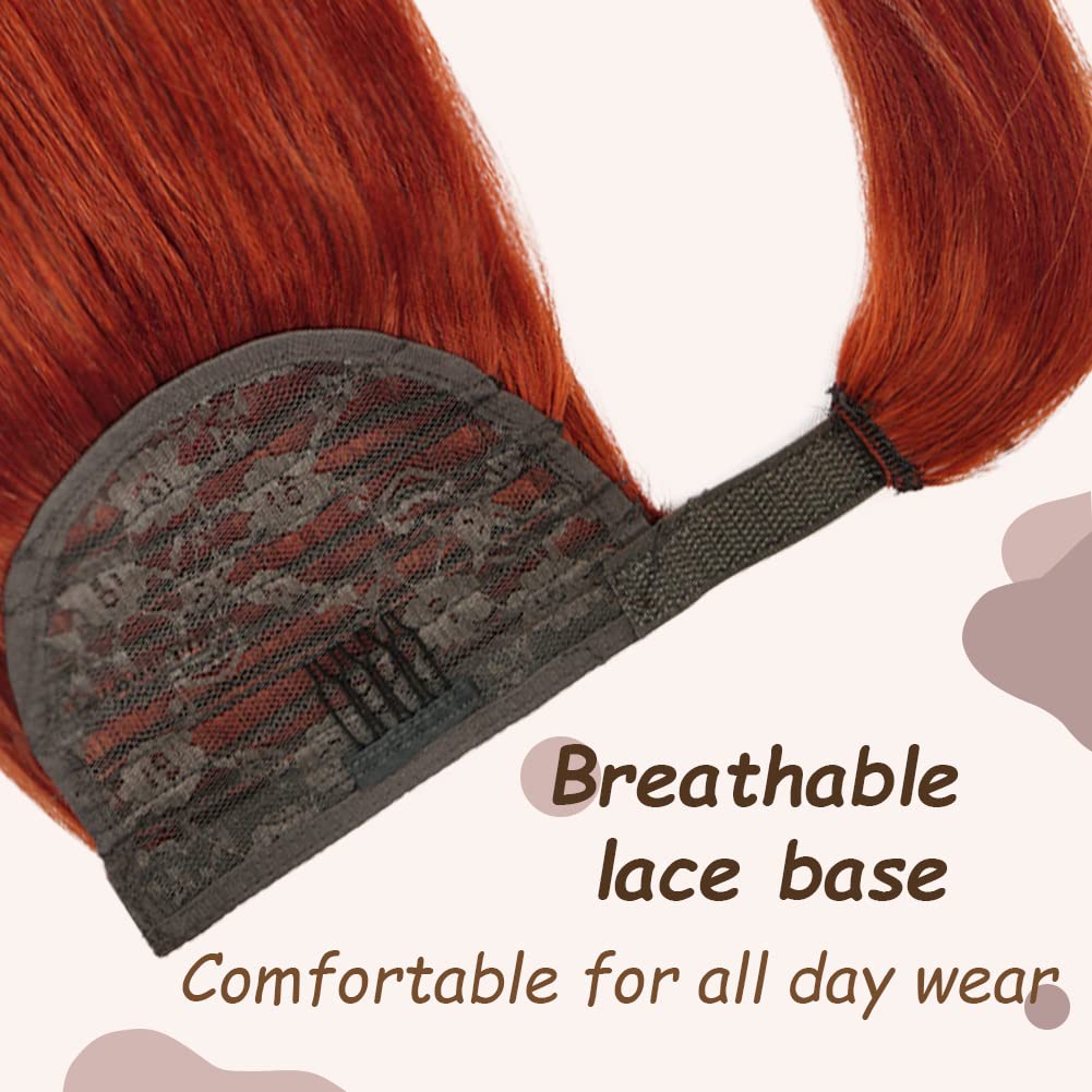 18'' Ponytail Extension Human Hair #350 Copper Red Clip In Ponytail Hair Extension 85G Straight Remy Human Hair Wrap Around Pony