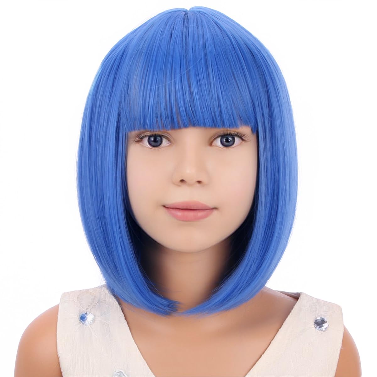PATTNIUM Kids Blue Wig Child Short Blue Bob Wig with Bangs Cosplay Party Synthetic Daily Wear Wig for Girls (Blue)