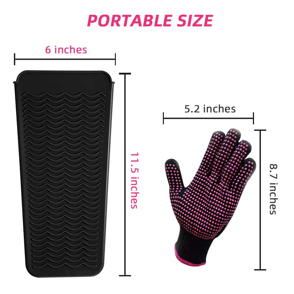 Heat Resistant Silicone Mat And Glove Set For Hair Straighteners And Flat Irons - 11'' X 6'' Mat, 8.7'' X 5.2'' Bump Glove, Blac